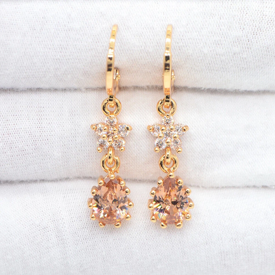 18K Yellow Gold Filled Women Black Mystic Topaz Flower Teardrop Dangle Earrings - Image 3 of 3