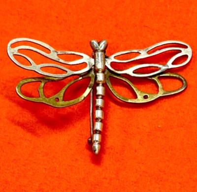 Circa 1980 Dragonfly Brooch Pin Sterling Silver & Brass Artisan Crafted 2.25''