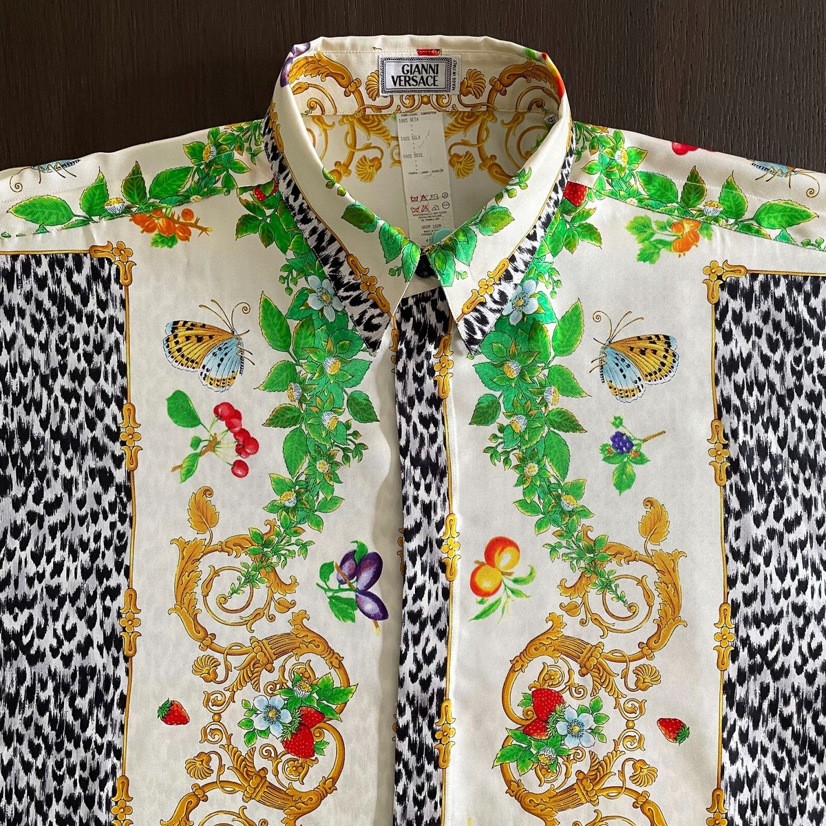 GIANNI VERSACE silk shirt Baroque, Animal & Fruit print size 52