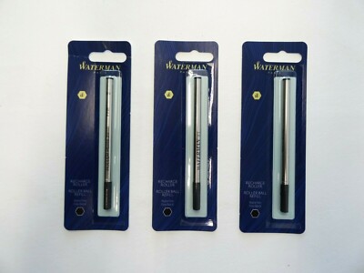 3 X Waterman Black Fine Roller Ball Refills - New