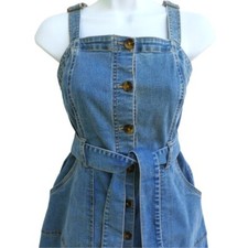 Vintage 90s Y2K Stretch Denim Tank Dress Square Neck Full Button Belt Pockets