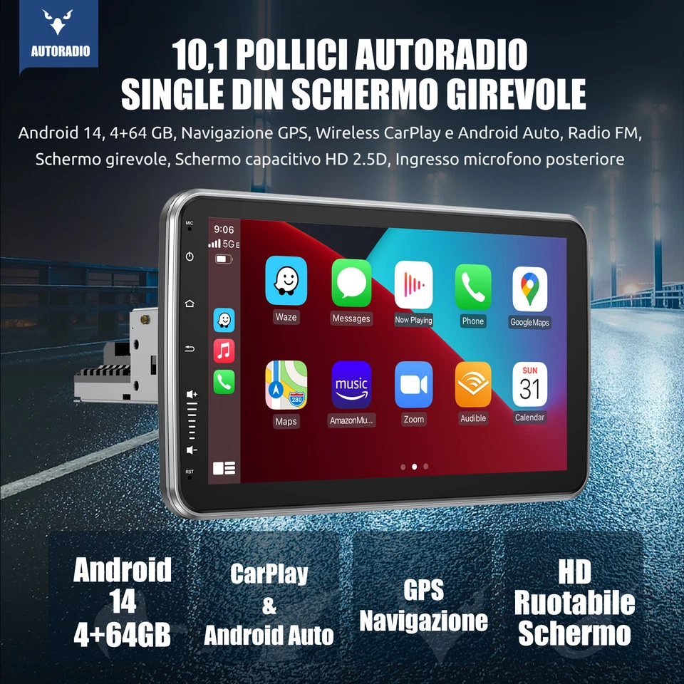 Autoradio 10" 1 DIN Android 14 4+64G Carplay GPS RDS BT Ruotabile Schermo Camera - Immagine 2 di 4