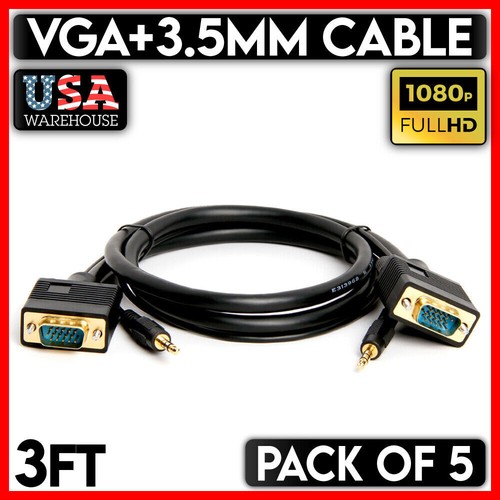 VGA Cable with AUX 3.5mm Stereo 3 Feet SVGA HD15 Male to Male Monitor Cord 5PCS
