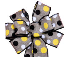 Small 5-6" Hand Made Black White Yellow Dot Wired Wreath Bow -Bee Summer Natural