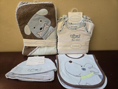 NWT First Moments hooded towel bodysuits caps bibs set baby boy gift lot dog New