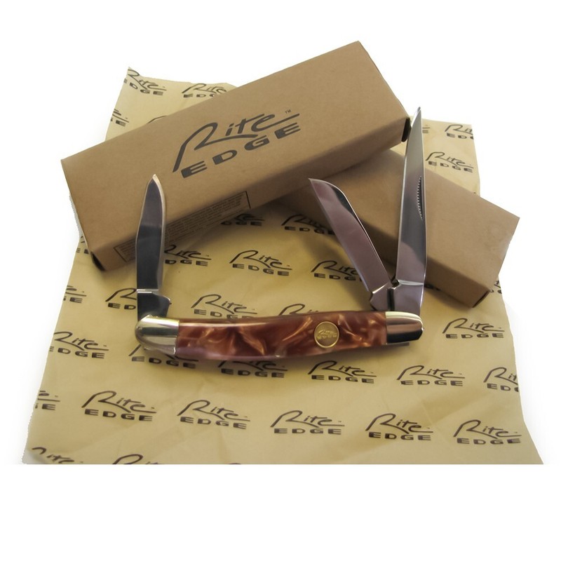 Rite Edge 3 BLADE STOCKMAN Pocket Knife w/ Brown Marble Style Acrylic Handle