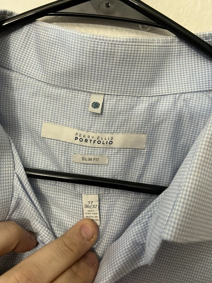 Perry Ellis Portfolio Mens Slim Fit Long Sleeve Shirt Blue Check 17 36/37 - Image 3 of 4