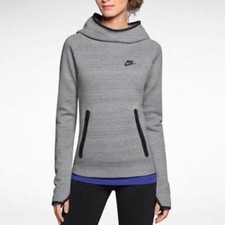 WOMENS M NIKE TECH FLEECE FUNNEL NECK HOODIE SWEATSHIRT GREY BLACK 596225 063