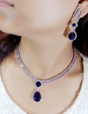 Indian Bollywood Bridal Silver Plated Jewelry Earring Cubic Zirconia AD Necklace