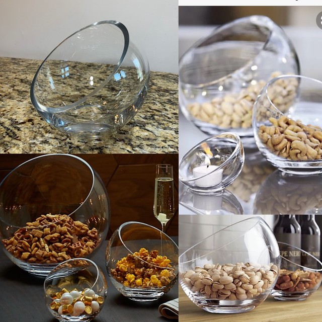 Crate And Barrel 6” Clear Glass Sphere Tilt Slanted Snack Bowl Party