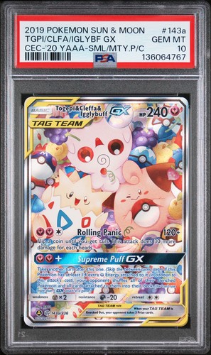 2019 POKEMON SUN & MOON COSMIC ECLIPSE TOGEPI & CLEFFA & IGGLYBUFF GX PSA 10