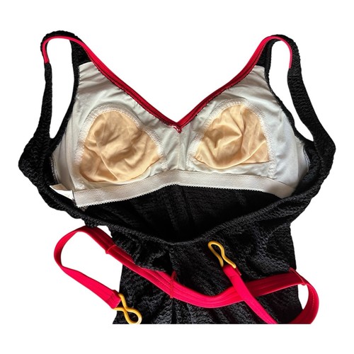Retro 80s Jantzen Black Red Belt Bathing Suit Swim Ruched Texture Sporty Beach - Bild 5 von 10