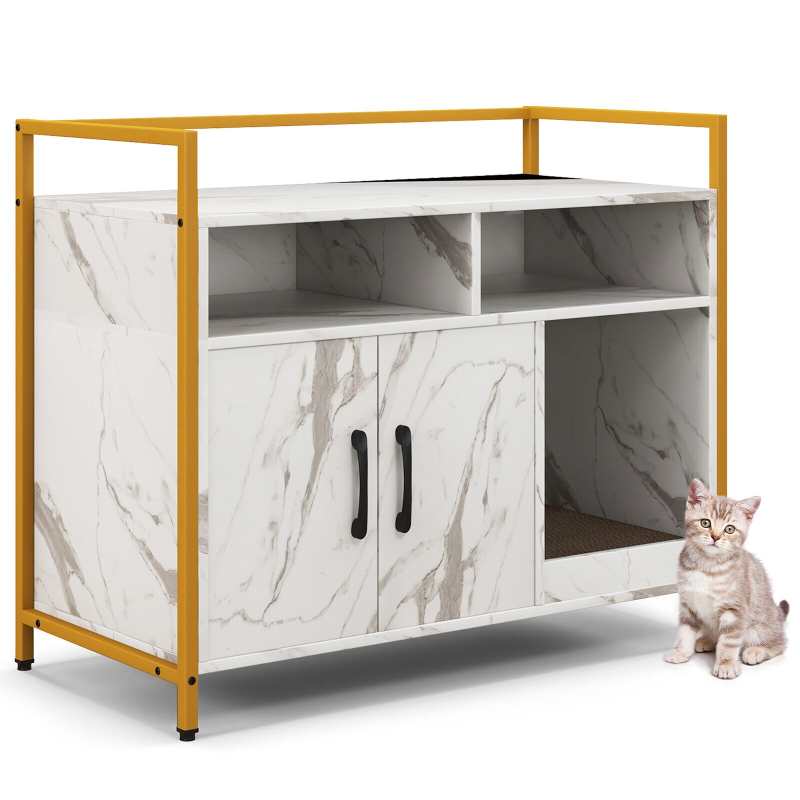 Large Litter Box Enclosure Cat Wooden Storage Cabinet with 2 Doors Marble White