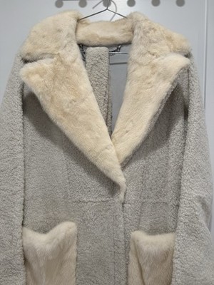 PUNTO Fur Trim Collared Lined Long Overcoat Ivory for Women Size S