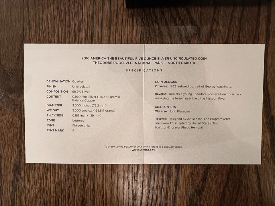 2016 America The Beautiful Theodore Roosevelt Nat’l Park 5oz Silv NIB w COA MINT - Image 3 of 3