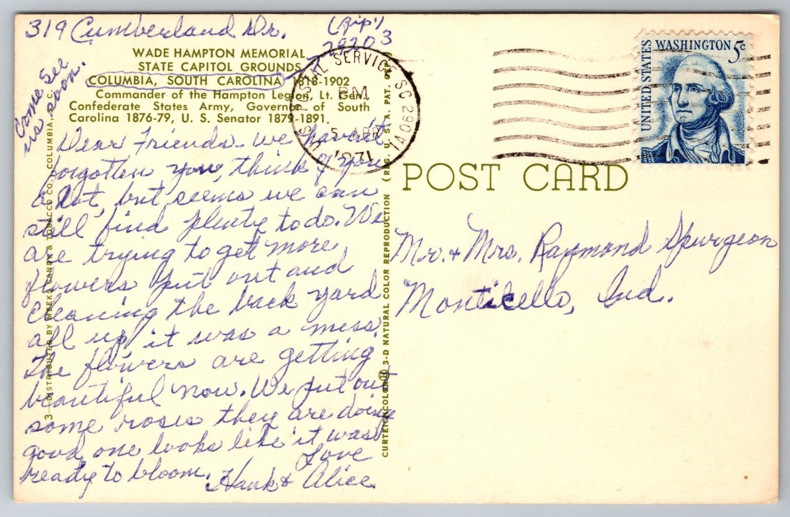 Wade Hampton Memorial Columbia SC Curt Teich Postcard 1960s AA408 thumbnail 2