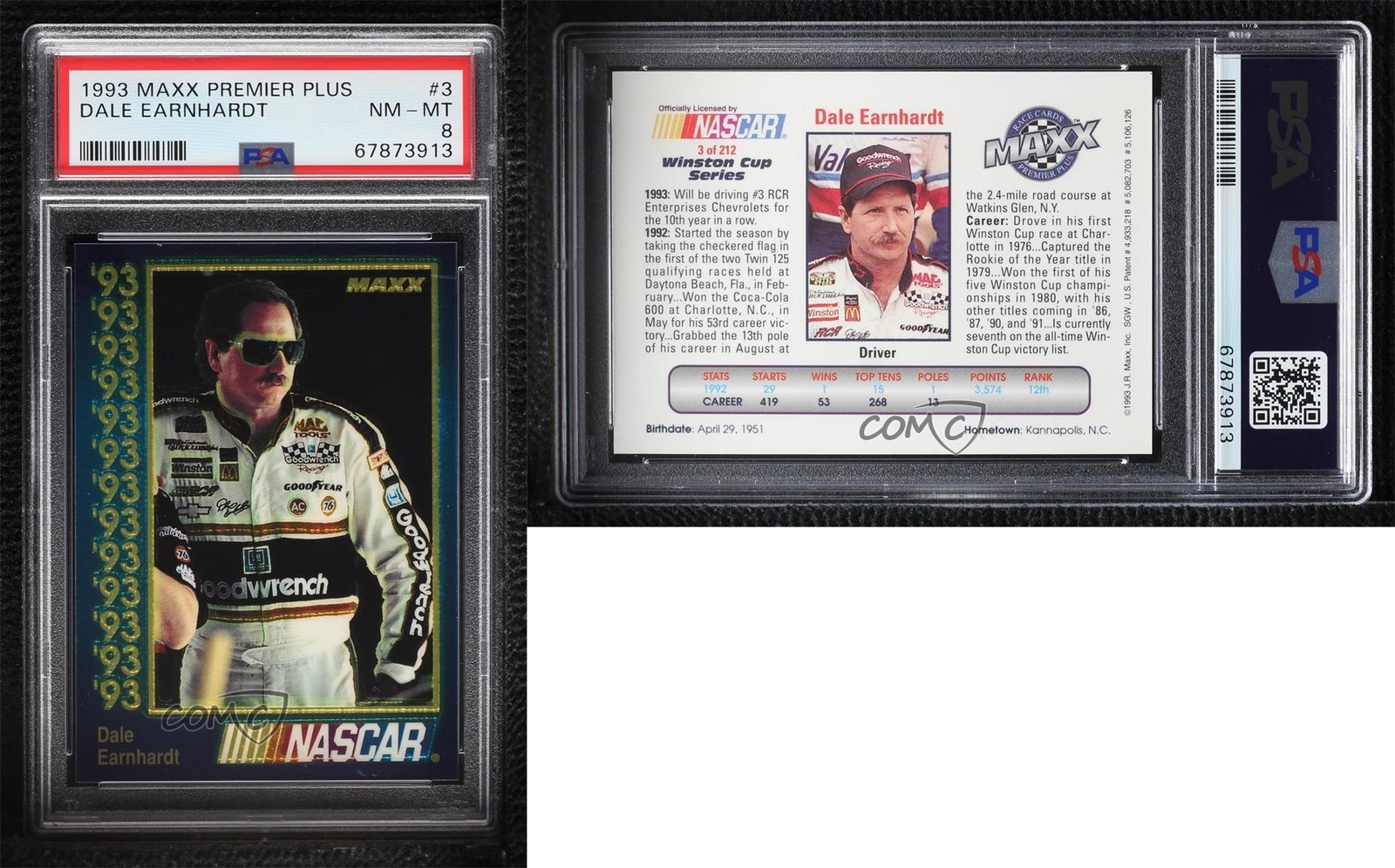 1993 Maxx Premier Plus Dale Earnhardt #3 PSA 8 HOF 0jk3 view 3
