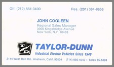 Taylor Dunn Electric Vehicles John Cooleen Anaheim CA Vintage Business Card