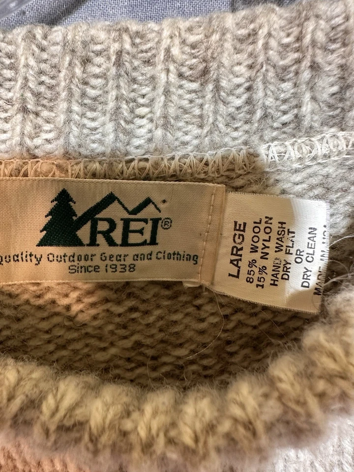 Vintage REI Sweater Men's L Cream Wool Blend Knit Crewneck Pullover USA Made - Image 2 of 4
