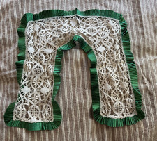 Antique Edwardian Lace Hand Crocheted Collar with Green Satin Ribbon Edging