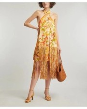 Farm Rio Leopard Forest Sand Mini Dress Multicolor  Halter Fringe Hem L size