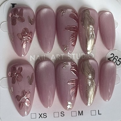 Hand Painted Flower Press-On Nails Medium Almond Size L Reusable Fake Nail