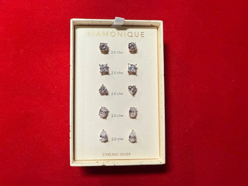 Cinco pares de aretes de plata de ley 925 DIAMONIQUE (CZ) 2,0 ctw Foto 3 de 4