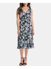 KAREN KANE Womens Black Sleeveless V Neck Midi Faux Wrap Dress Size: XS