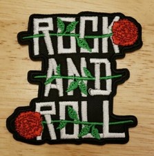 Rock And Roll Patch w Roses Iron-On Sew-On Band Metal Jacket Embroidered 3" 0243