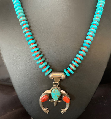 Royston Navajo Sterling Silver Blue Turquoise Coral Necklace Naja Pendant 13745
