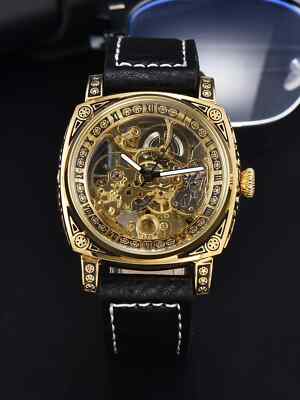 Automatik mechanische Uhr, Retro Skelett Design, wasserdichtes Leder