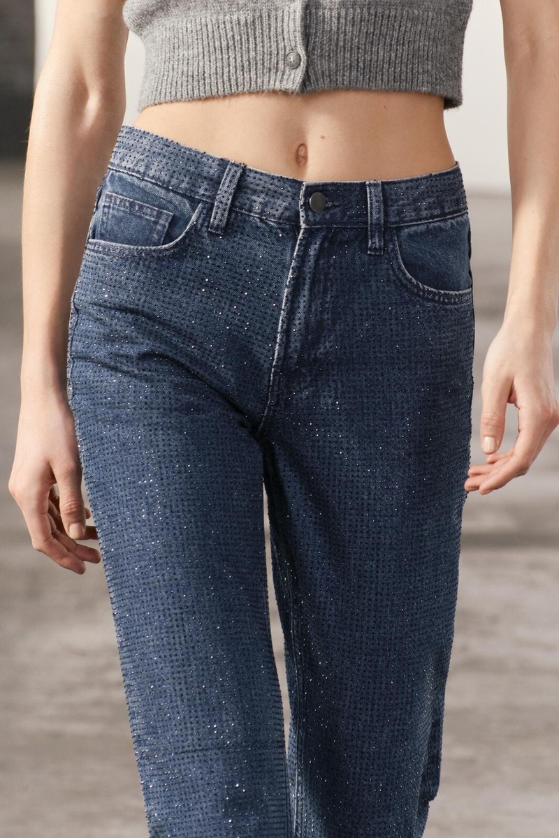 ZARA ZW COLLECTION BOOTCUT HIGH-WAIST RHINESTONE JEANS ZARA ZW COLLECTION BOOTCUT HIGH-WAIST RHINESTONE JEANS