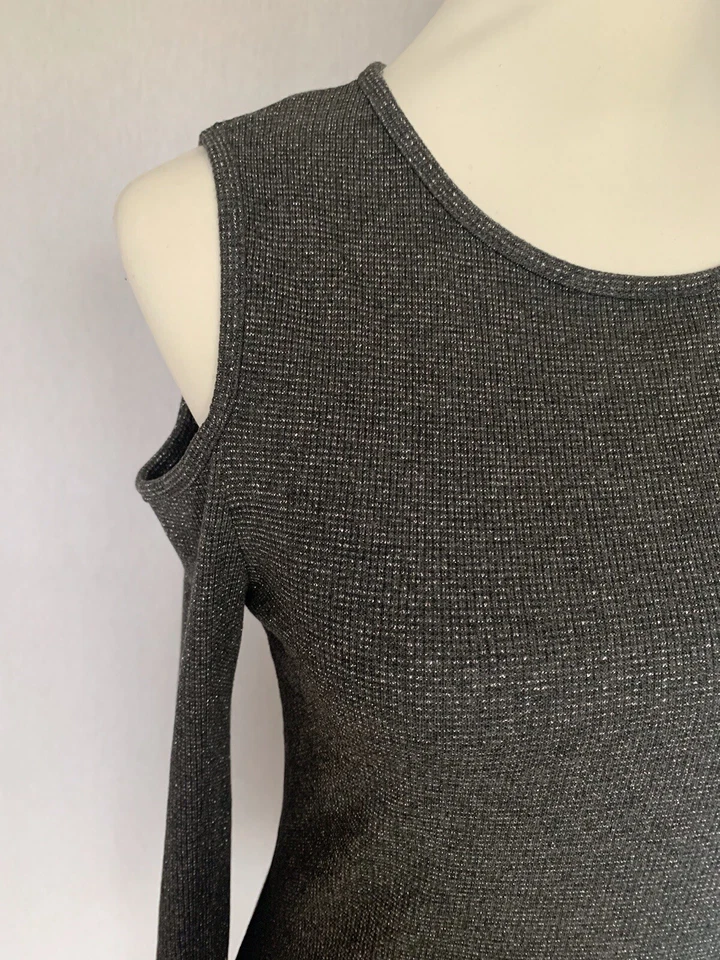 New Look Womens Grey Top Size 14 Cold Shoulder Long Sleeve Round Neck Sparkly - Image 3 of 4