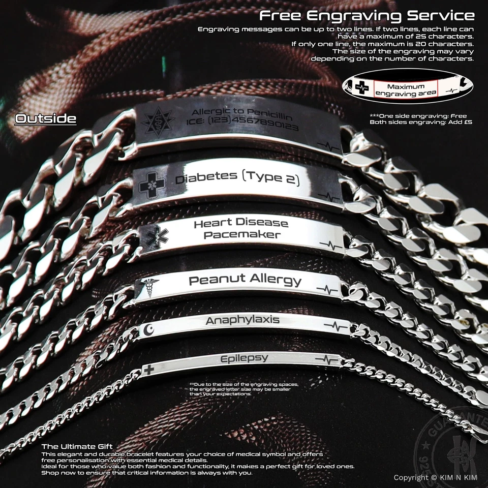 Quality Sterling Silver MedicaI Alert Bracelet, Diabetic, Personalised Gift - Image 3 of 4