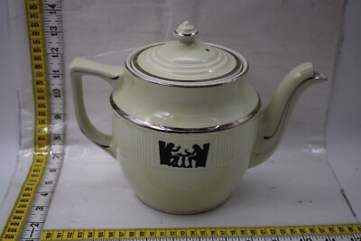 VTG Mid Century Hall Teapot 7.5  Light Yellow Silhouettes Of Two Men In Pub R1B5