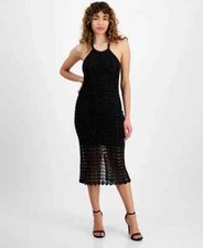 GUESS Women's Alina Halter-Neck Knit Open Back Sleeveless Midi Dress Black Large