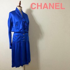 CHANEL Silk Long Dress Blue S Vintage Luxury Fragrance Frill Elegant