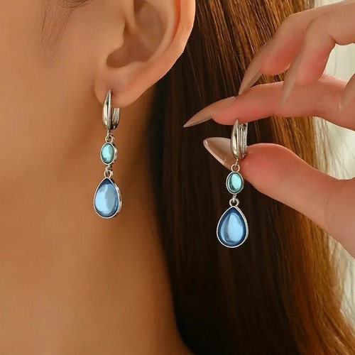 Water drop blue stone drop earrings women artificial stone jewelry e564-guyin - Picture 2 of 6