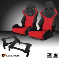 Fits 2005-2014 Ford Mustang Reclinable Racing Seat Black Red Suedebrackets