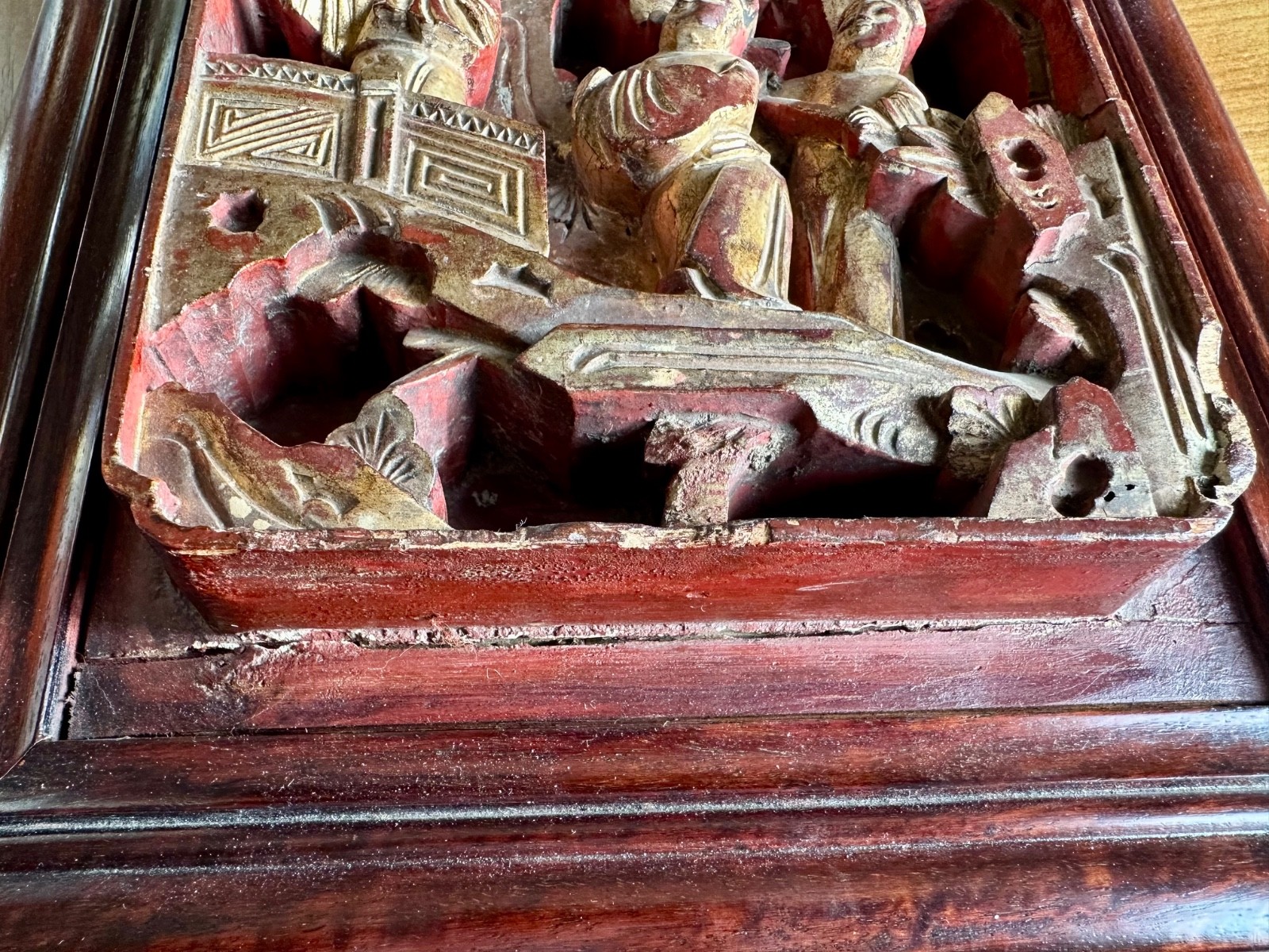 2 Antique Chinese Red & Gilt Wooden Deep Carved Panel Wood 19th Century