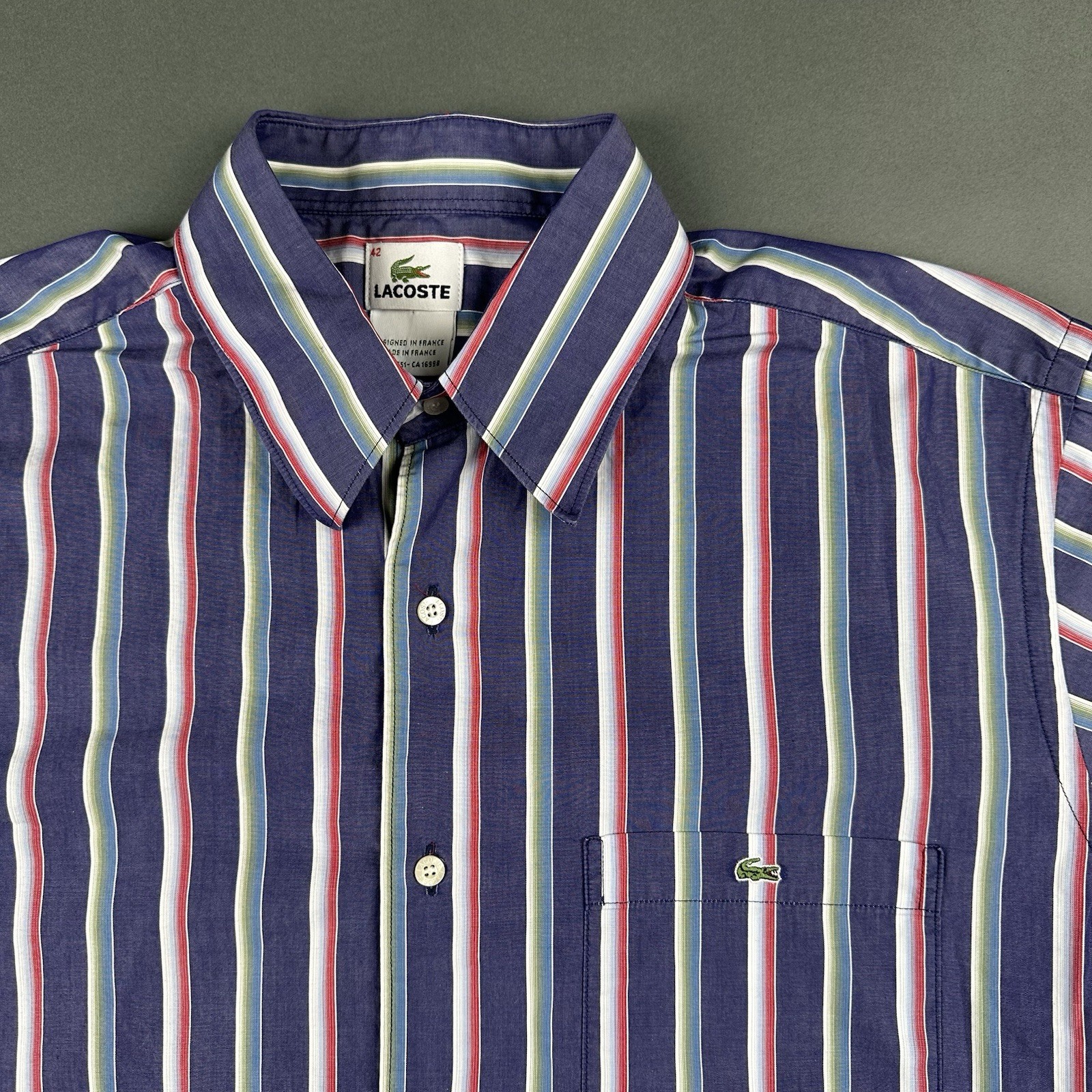 Lacoste Men's Dress Shirt Striped Collared Cotton Button Up Size 42