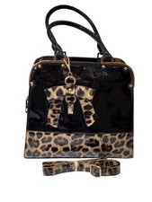 Unbranded Black/Leopard Print Glossy PU Handbag Satchel Bag With Shoulder Strap