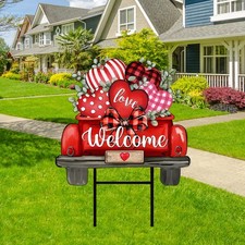 Valentine' s Day Metal Garden Stake Welcome Yard Sign Red Love Heart Truck Decor