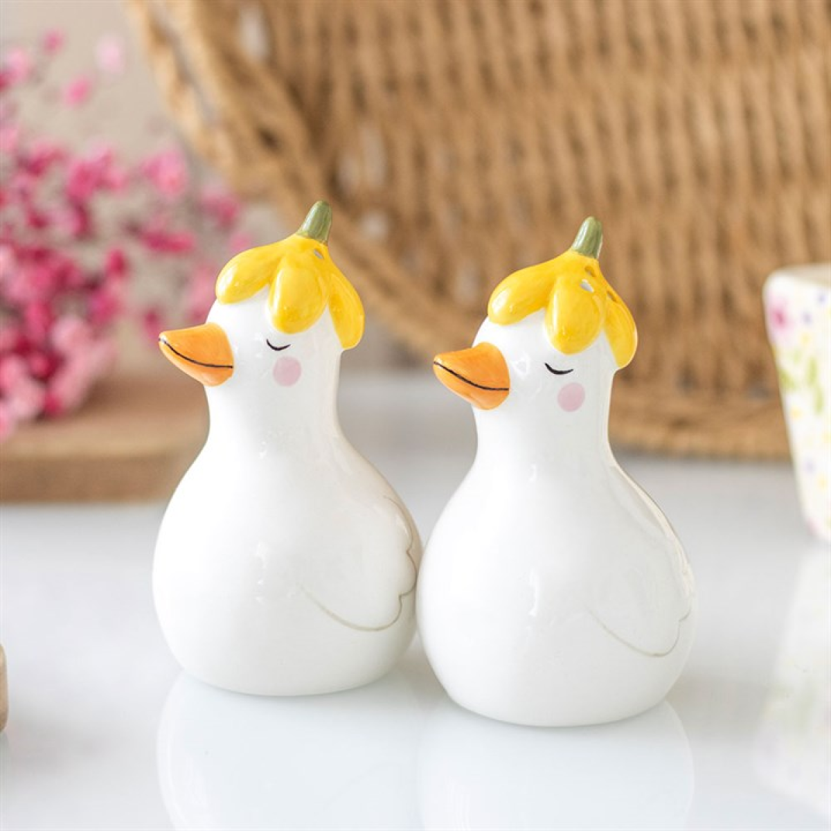 Duck Shaped Floral Ceramic Salt and Pepper Shakers. Summer Kitchen Decor.