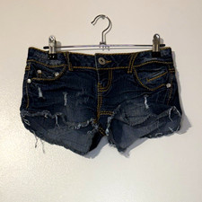 rue21 Juniors 0 Dark Wash Distressed Cut Off Denim Shorts Blue 5-Pocket Zip