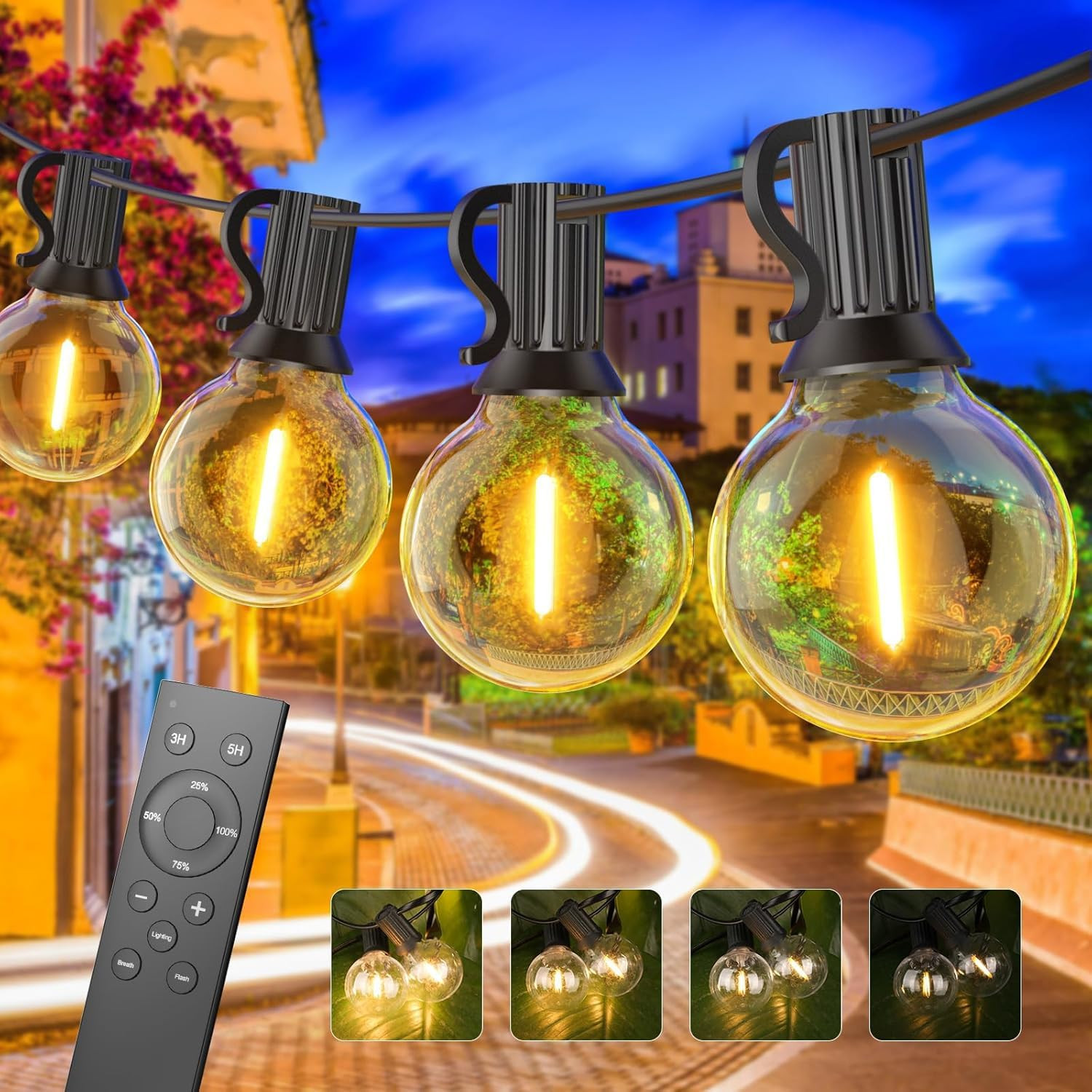 Sistema Illuminazione Esterna 30M: 50 LED G40 Dimmerabili IP45 Telecomandati
