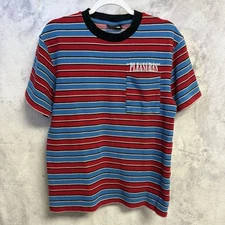 Pleasures T Shirt Mens Medium 19.5x26 Blue Red Striped Embroidered