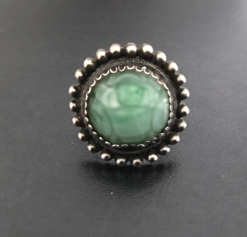 Vintage Sterling .925 Silver Carved Jade Ring - Asia