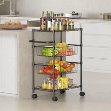 4-Tier Kitchen Cart Rolling Storage Utility Cart w/ Handle & 2 Removable Baskets