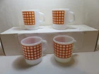 4 Vintage Termocrisa white on orange dot  milk glass mugs